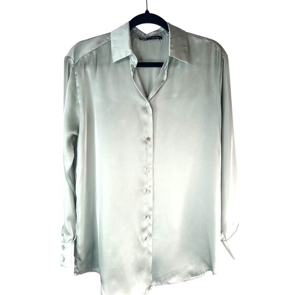2/$30 ZARA Blouse XS Sage Green Long Sleeve Button-Up Polyester - Picture 10 of 15
